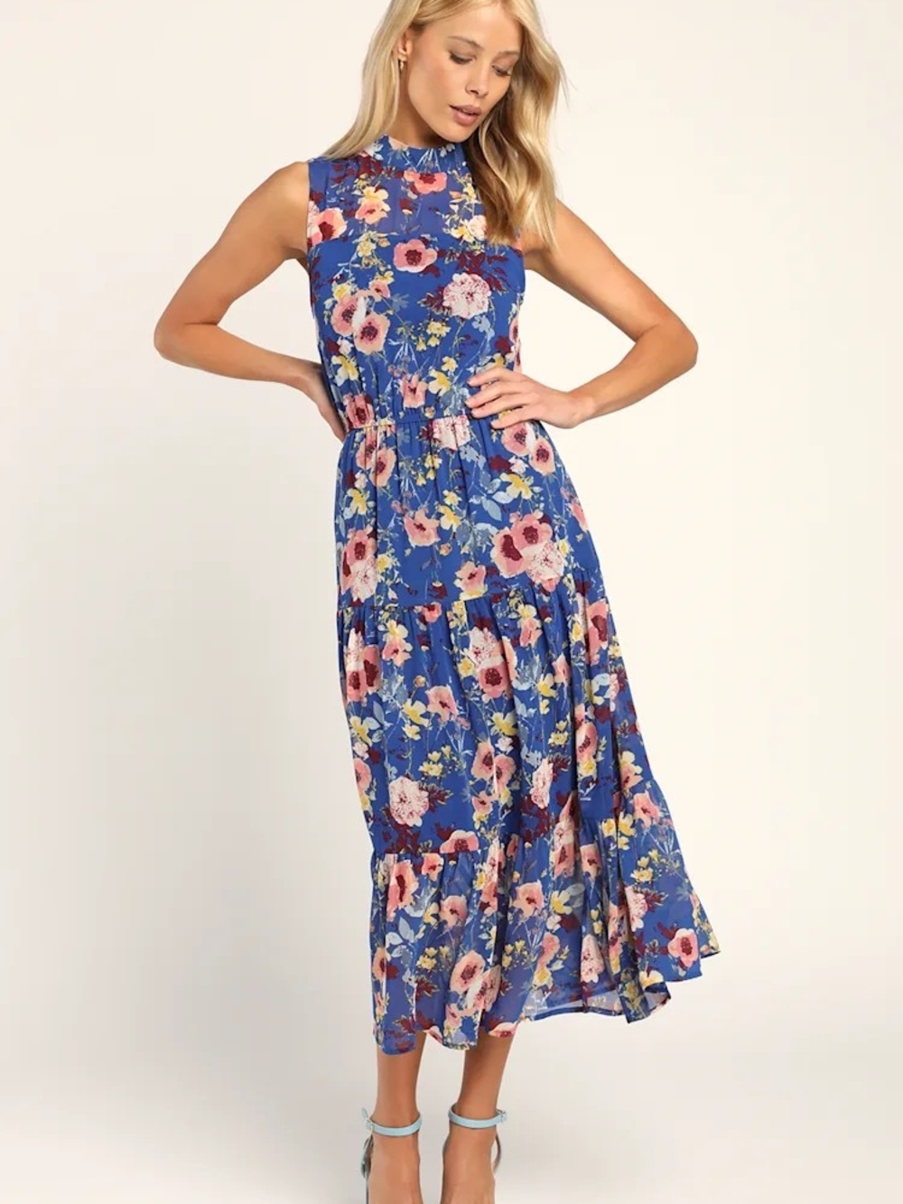 Lulu's Blue Floral Midi Dress with Pink & Yellow Blooms
